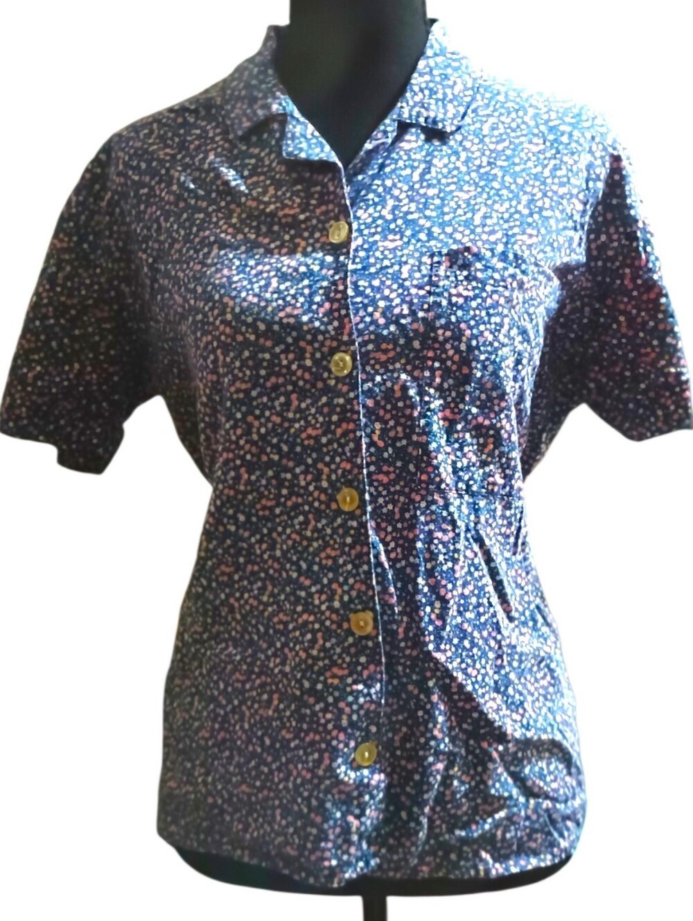 Short Sleeve Blouse Button Down Collared Top Retro Floral Design Sz S